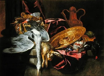 Still life with gamebirds and a rabbit with an embossed platter all resting on a table